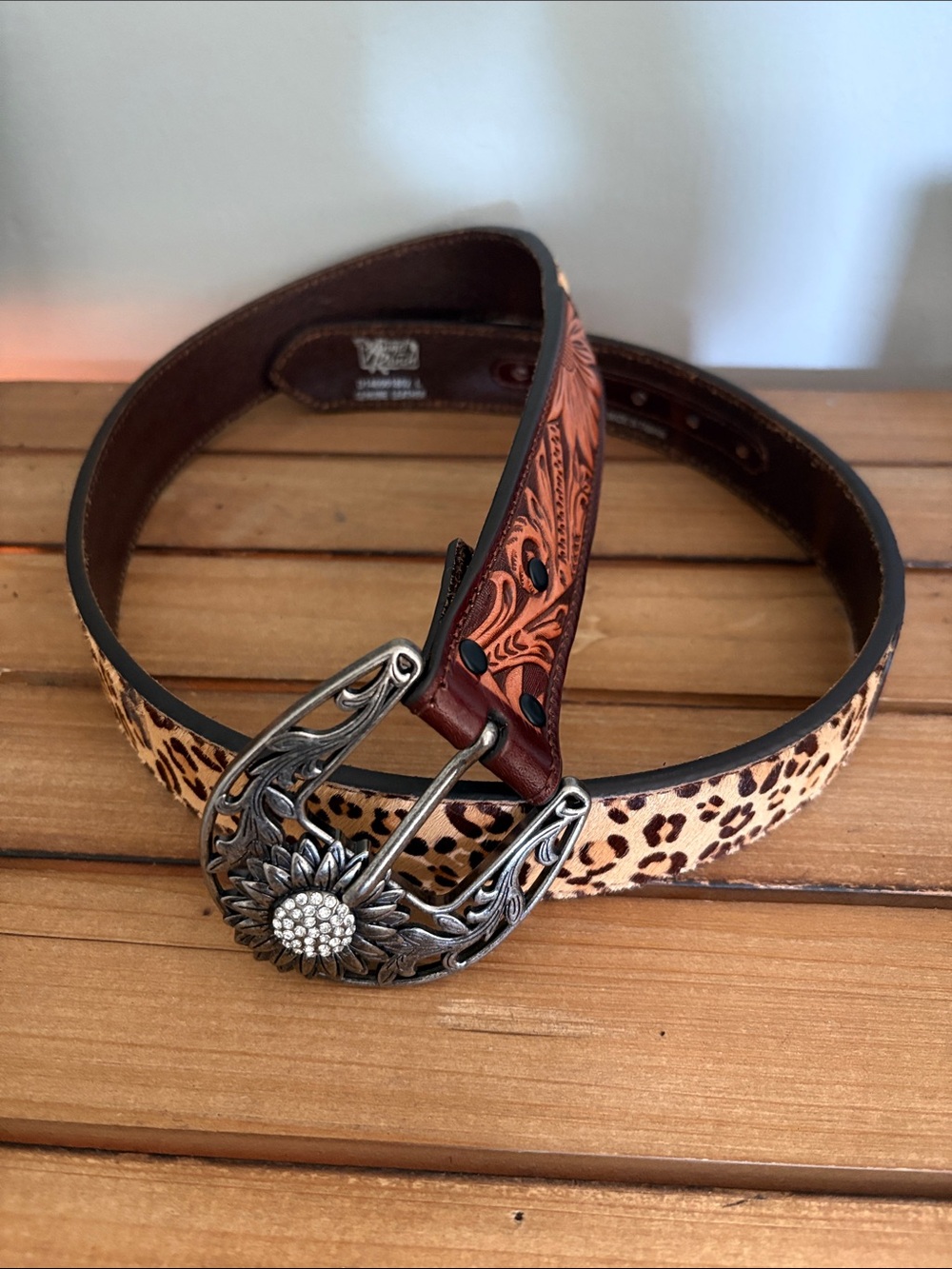 Tooled Leather Floral Buckle Belt with Leopard Print - Brown/Tan